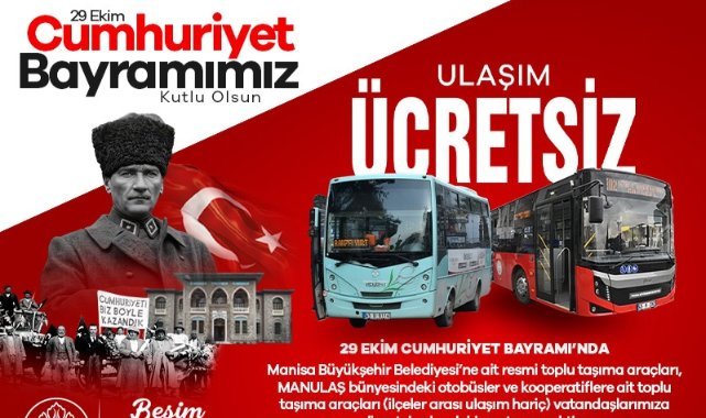 Manisa’da 29 Ekim’de Toplu Ulaşım Ücretsiz Olacak